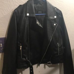 Black Leather Moto Jacket with words on the back